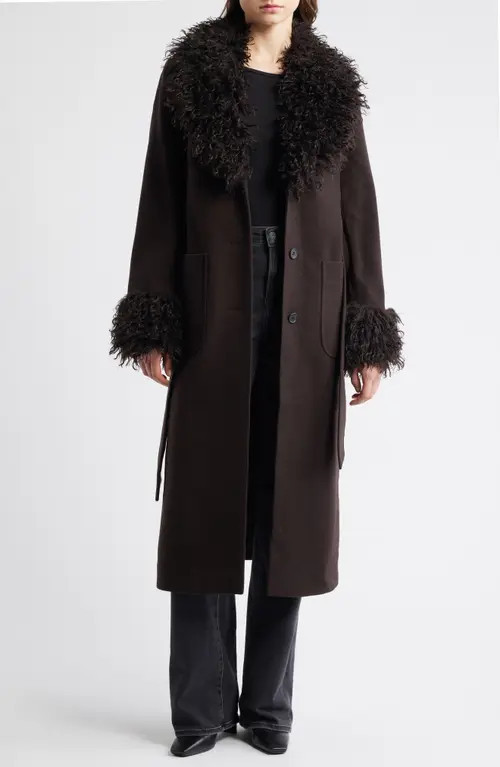 & Other Stories Faux Fur Trim Belted Recycled Wool Blend Coat in Brown Dark at Nordstrom, Size Small | Nordstrom