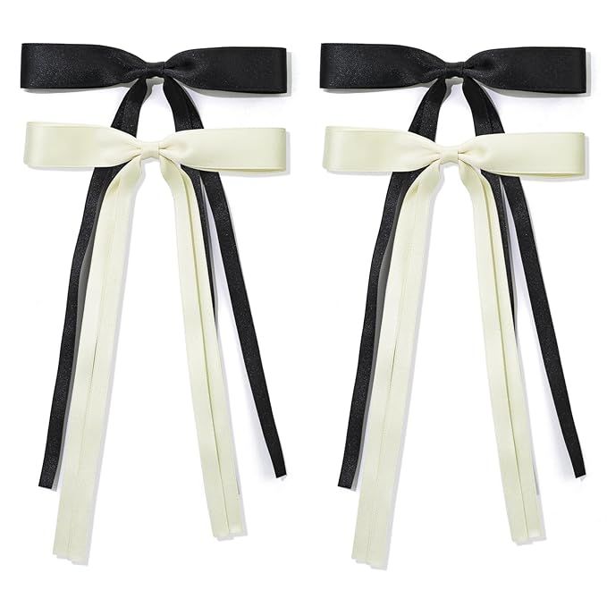 Ambesi Ribbon Hair bow Clips, Black Milky White Long Tail French Hair Bows, Hair Clips Tassel Rib... | Amazon (US)