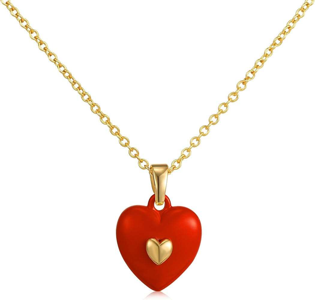 14K Gold Plated Heart Pendant Necklace for Women Trendy Cute Dainty Love Choker Necklaces Pink Bl... | Amazon (US)