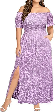 Holipick Women's Off The Shoulder Boho Dress Plus Size Floral Smocked Waist Split Summer Maxi Sun... | Amazon (US)