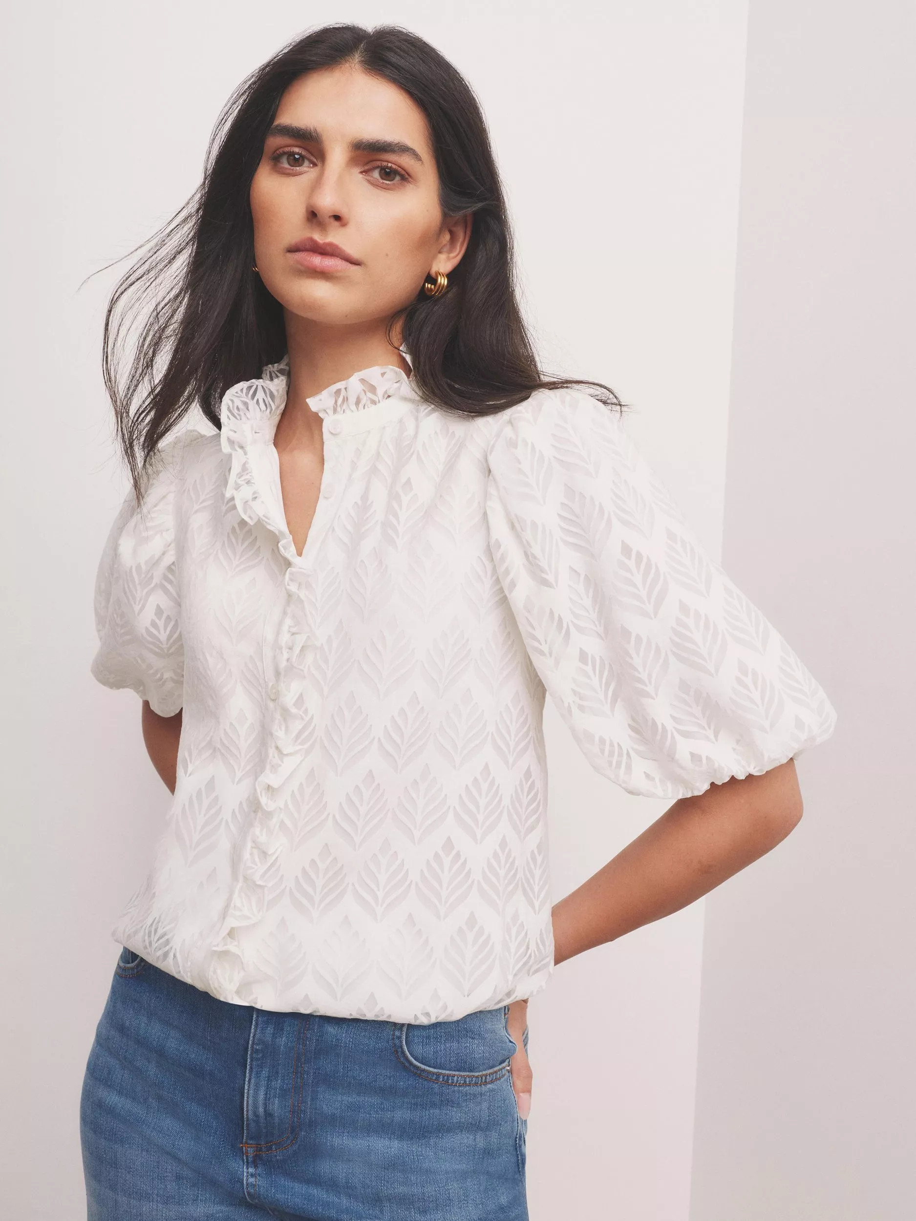 Jacquard Puff Blouse, White | John Lewis (UK)