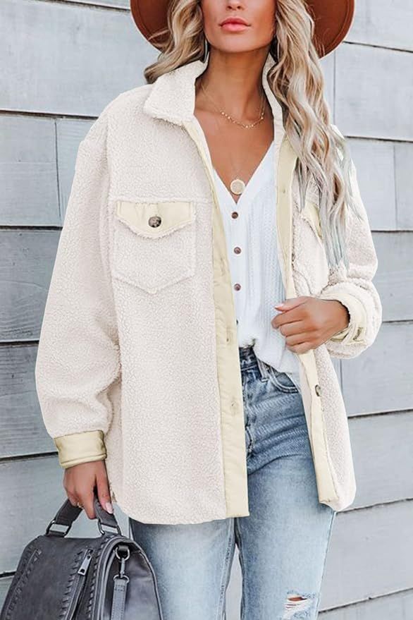 Womens Button Down Fleece Jacket Winter Long Sleeve Warm Coats with Button Cuffs | Amazon (US)