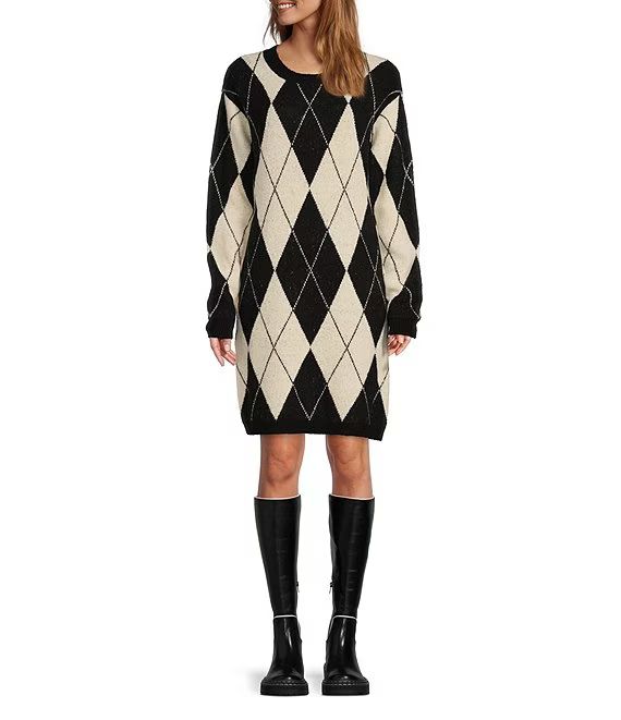 x Courtney Grow Cleo Argyle Print Long Sleeve Crew Neck Waistless Sweater Dress | Dillard's