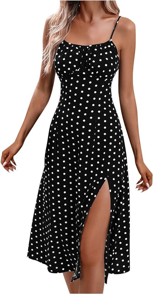 Women 2024 Summer Sexy Sundresses Boho Spaghetti Strap Polka Dot Tank Dress Pleated Flowy High Si... | Amazon (US)