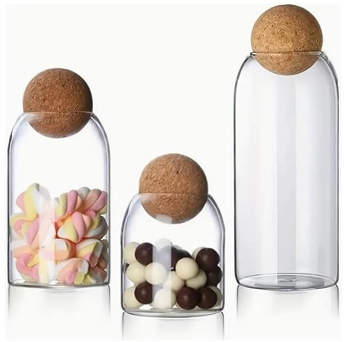 Wisifayardin Glass Storage Jars with Ball Cork Lids - 3 Pcs Set, Decorative Round Glass Canisters, Wood Ball Lids, Sizes: 500ML/17Oz, 800ML/27Oz, 1000ML/34Oz | Amazon (US)