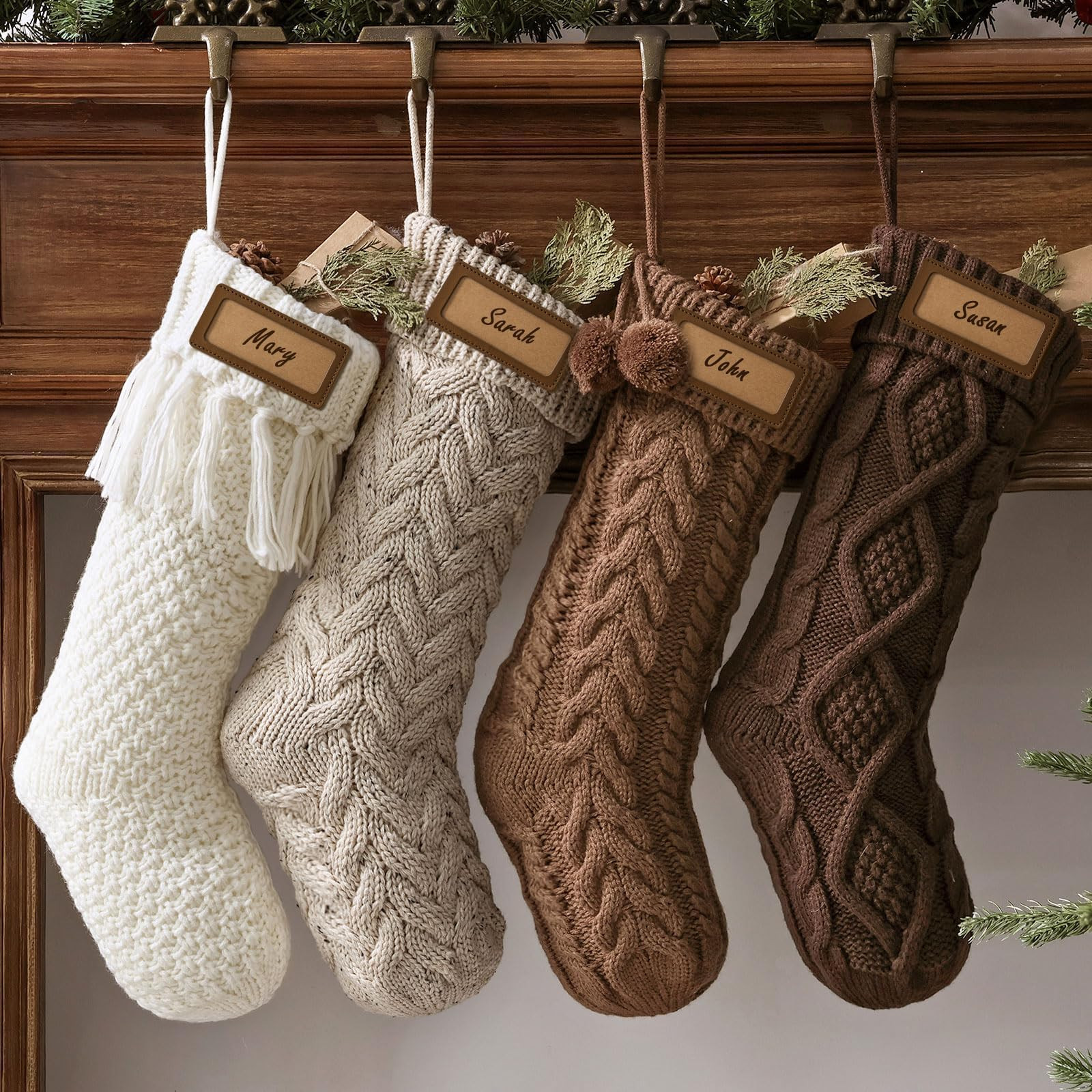 Farmhouse Knitted Personalised Christmas Stockings: 4 Pack 18 Inch Rustic Neutral Cable Knit Fire... | Amazon (US)