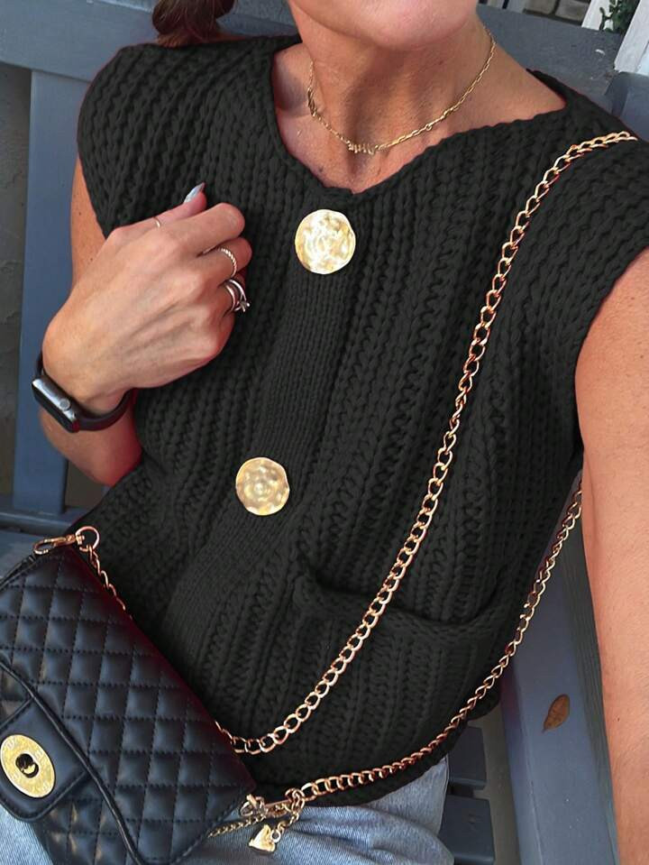 SHEIN Essnce Women's Loose Knit Vest With Double Pockets And Single-Breasted Metal Buttons | SHEIN