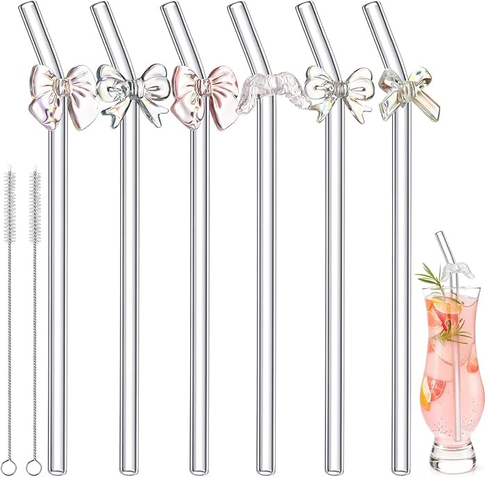Yinkin 6 Pcs Reusable Glass Straw with 2 Cleaning Brush, Charm Cute Colorful Pattern Sticky Reinf... | Amazon (US)