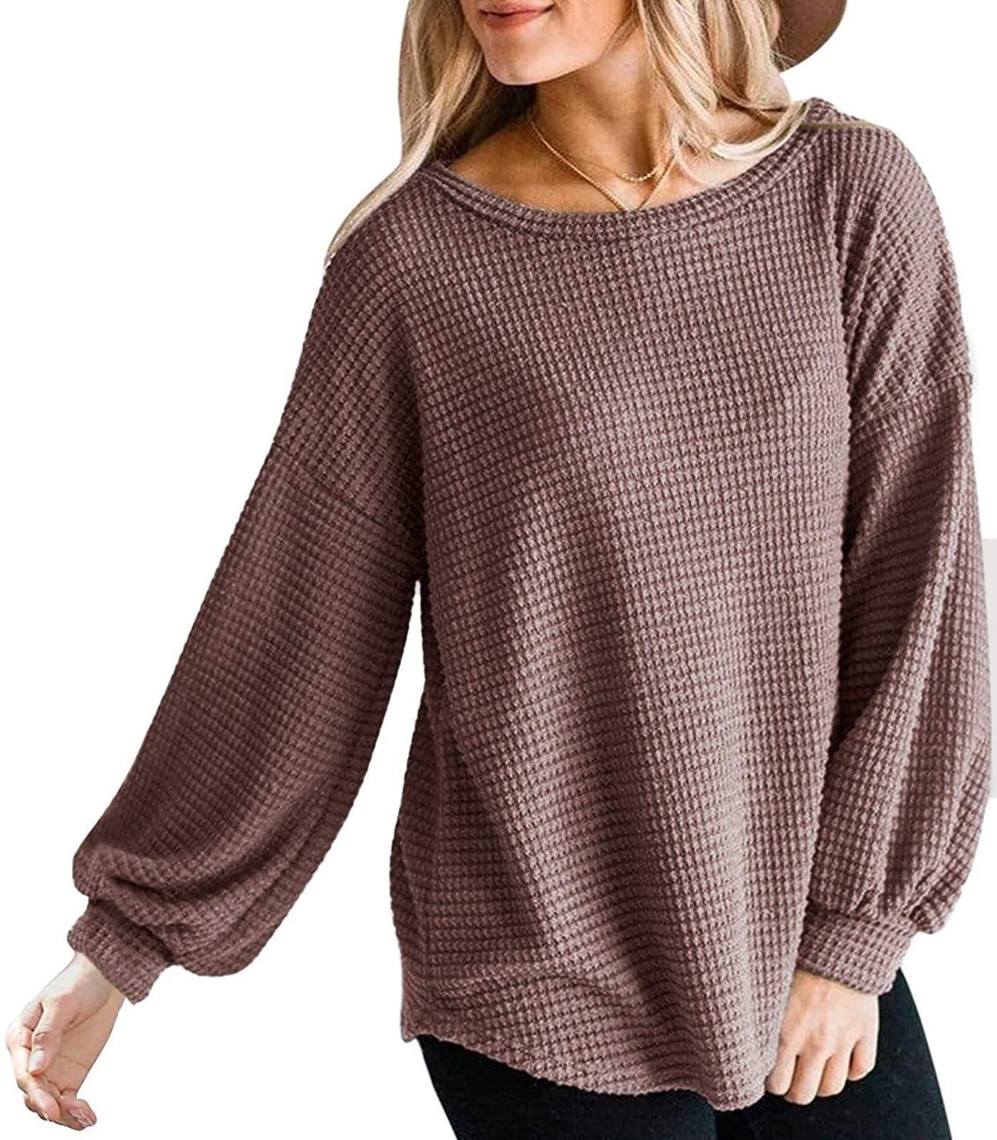 Womens Oversized Long Balloon Sleeve Waffle Knit Sweater Crew Neck Lightweight Pullover Solid Col... | Amazon (US)