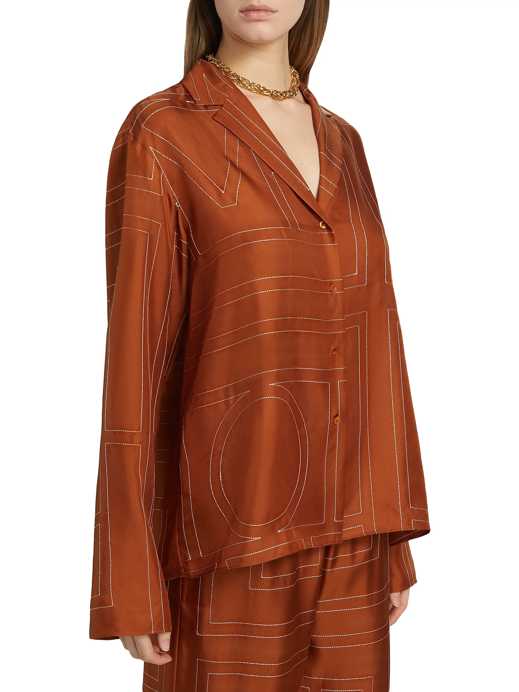 Monogram Silk Pajama-Inspired Button-Front Shirt | Saks Fifth Avenue
