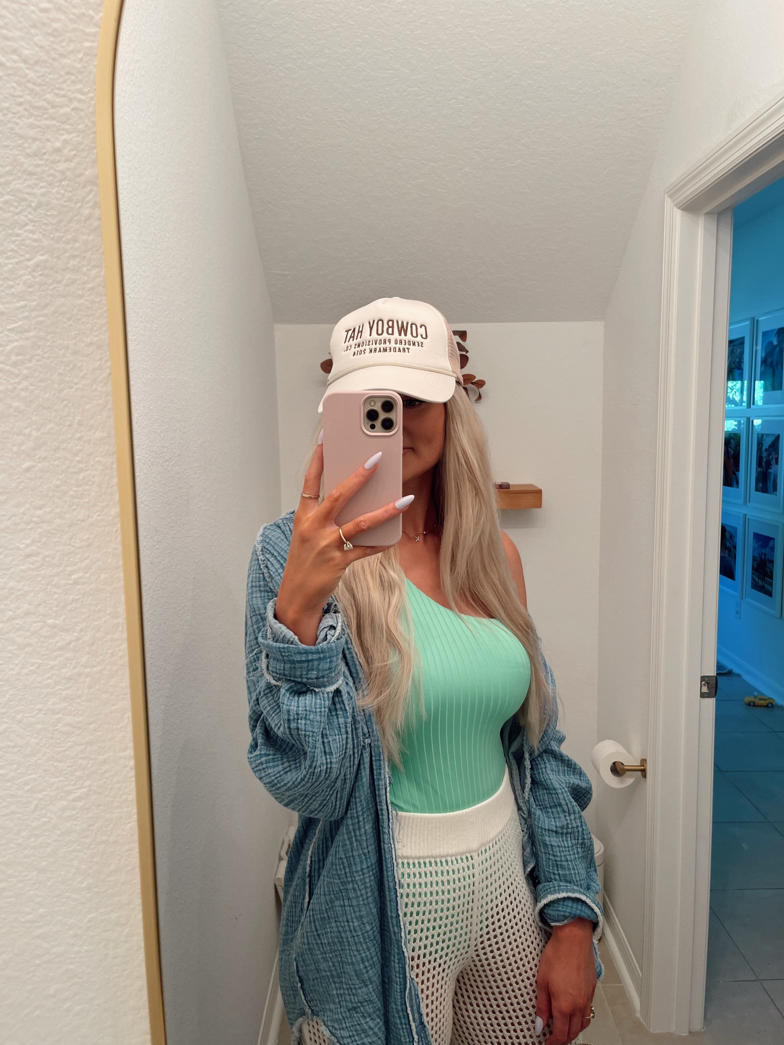 Beach day outfit. Pants run big size down- wearing XS tall (normally a medium.) 

Blue button down cover up- size large. Super oversized (could have done medium) but I like that I can button it up over a swimsuit and it’s long enough to wear without shorts. 

Swimsuit last year from aerie- size medium. 

One piece swimsuits, summer outfit, mom style, trucker hat

#LTKSummerSales #LTKSwim