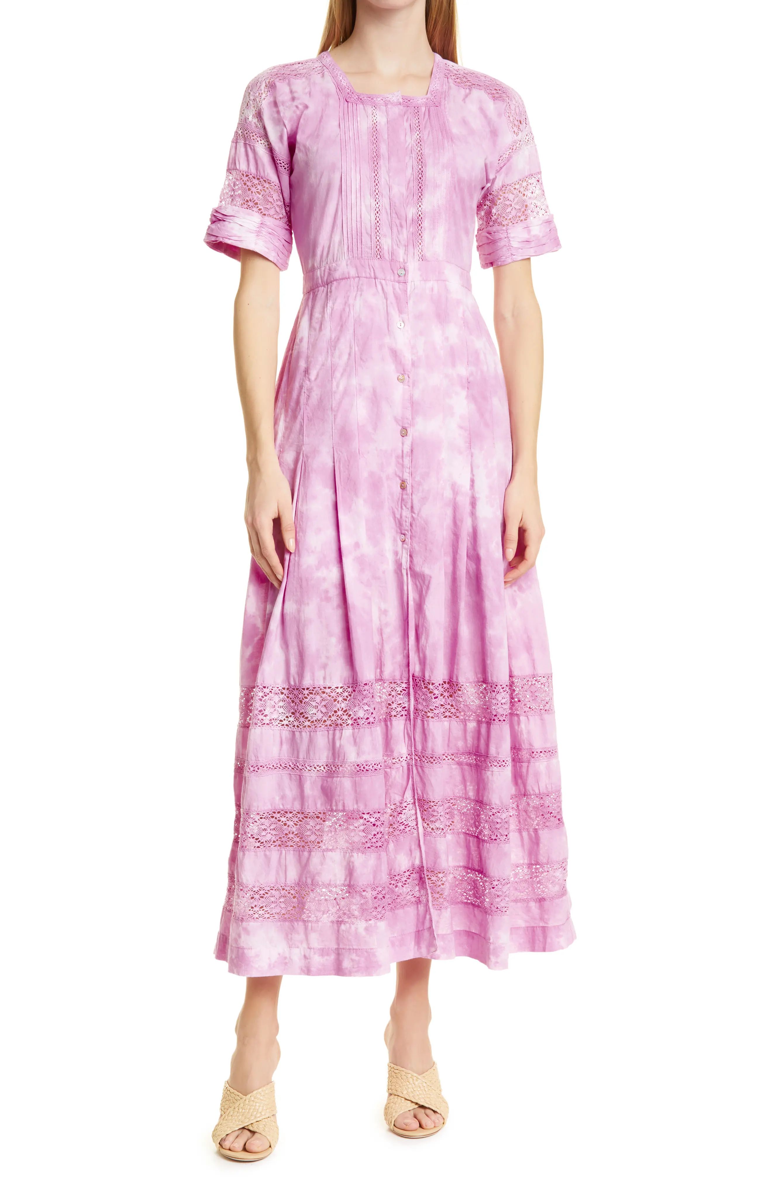 LoveShackFancy Edie Lace Inset Midi Dress in Begonia Hand Dye at Nordstrom, Size Large | Nordstrom