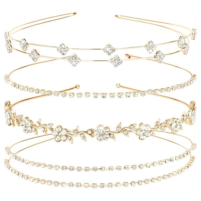 Jaciya Gold Bridal Headband 4 Pieces Rhinestone Headbands Crystal Flower Girl Leaves Crown Head B... | Amazon (US)
