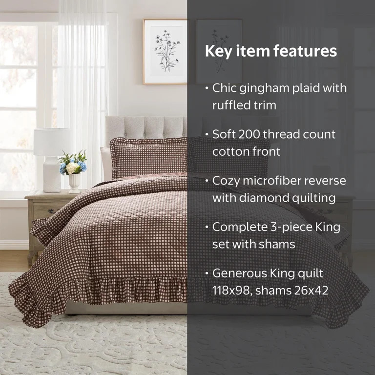 My Texas House Gingham Ruffle 3-Piece Brown Adult Quilt Set, King | Walmart (US)