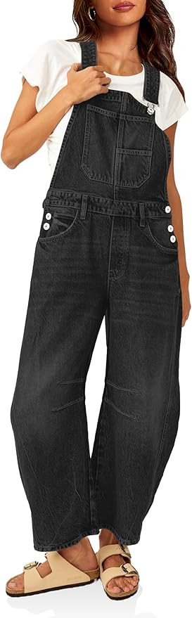 PLNOTME Womens Denim Bib Overalls Barrel Leg Adjustable Strap Jean Pants Jumpsuits with Pockets | Amazon (US)