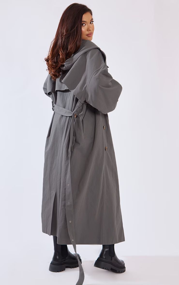 Charcoal Woven Hooded Oversized Trench Coat | PrettyLittleThing UK