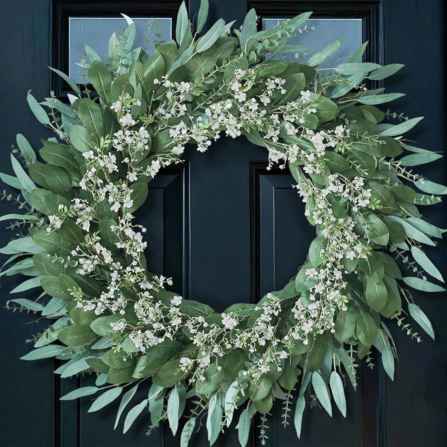 32'' Eucalyptus and Babys Breath Flowers Wreath for Front Door - Large Artificial Greenery Outdoo... | Amazon (US)