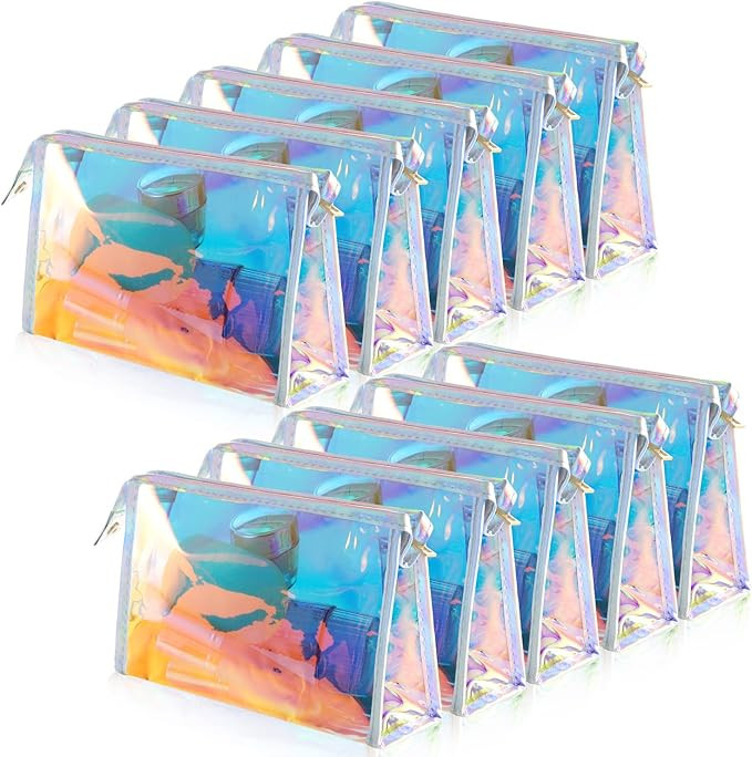 BESARME 10 Pcs Holographic Makeup Bags, Clear PVC Makeup Bag Iridescent Pouch Portable Zippered T... | Amazon (US)