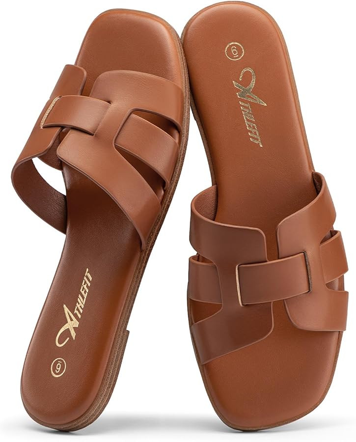 Athlefit Women's Flat Sandals Dressy Summer Square Open Toe Slip On Leather Slide Sandals | Amazon (US)