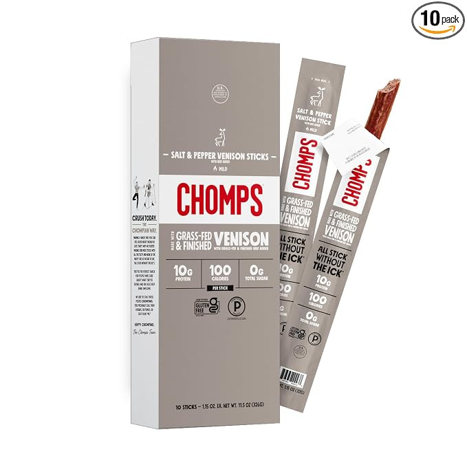 Chomps Grass-Fed & Finished Salt & Pepper Venison Jerky Meat Snack Sticks 10-Pack - Keto, Paleo, ... | Amazon (US)