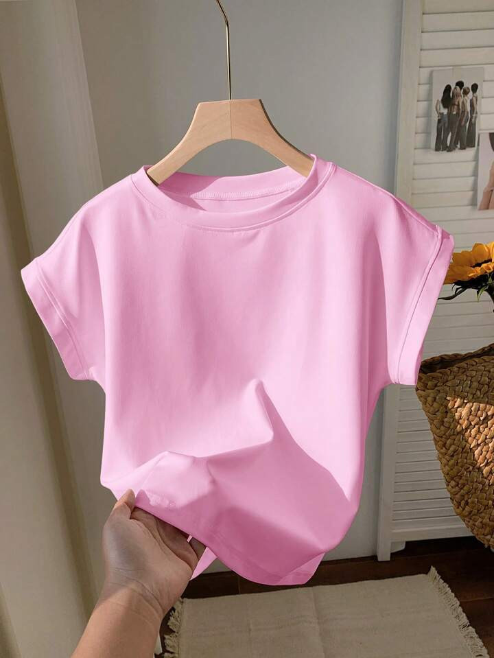 Comfortcana Women's Simple Pink Short Sleeve T-Shirt, Casual Daily Wear For Summer | SHEIN