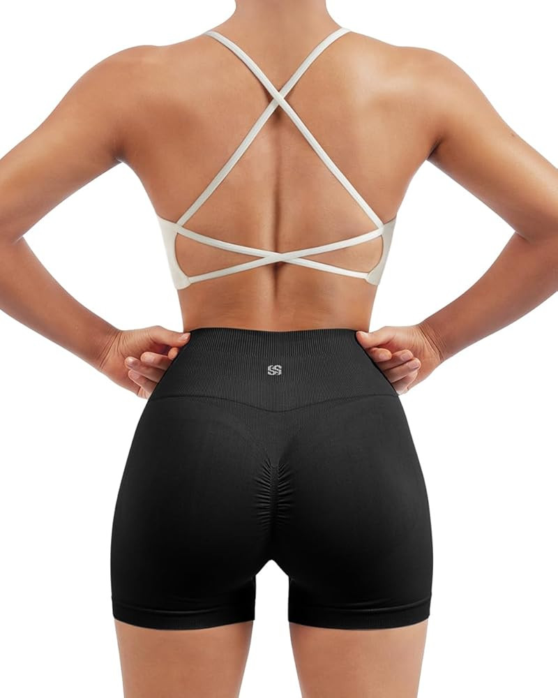 SUUKSESS Women Seamless Workout Sets Strappy Sports Bra High Waist Booty Shorts Outfits | Amazon (US)