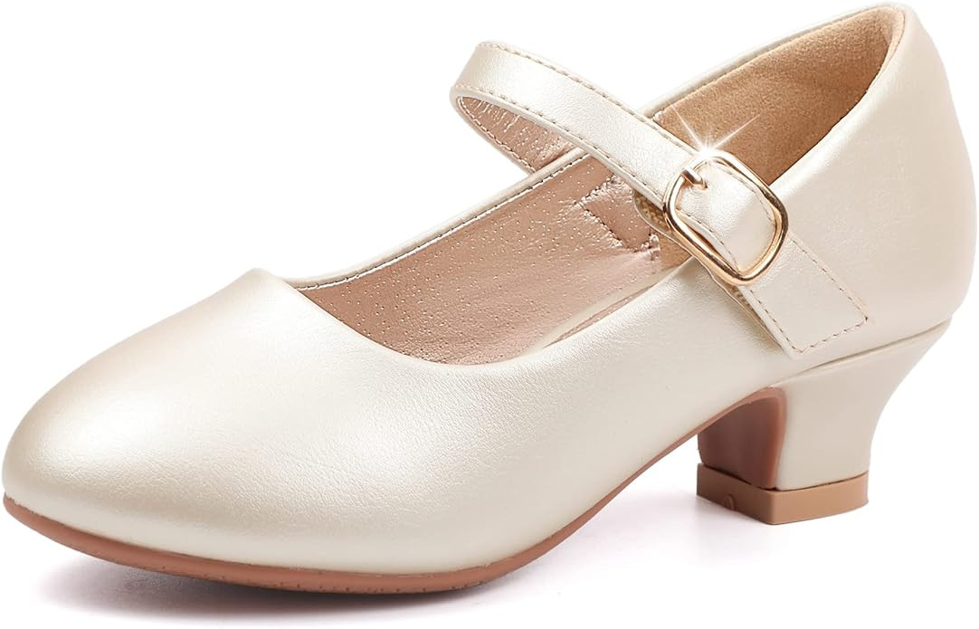 PANDANINJIA Girls Dress Shoes Mary Jane Shoes for Girls, Low Girls Heels for Kids Toddler Flower ... | Amazon (US)