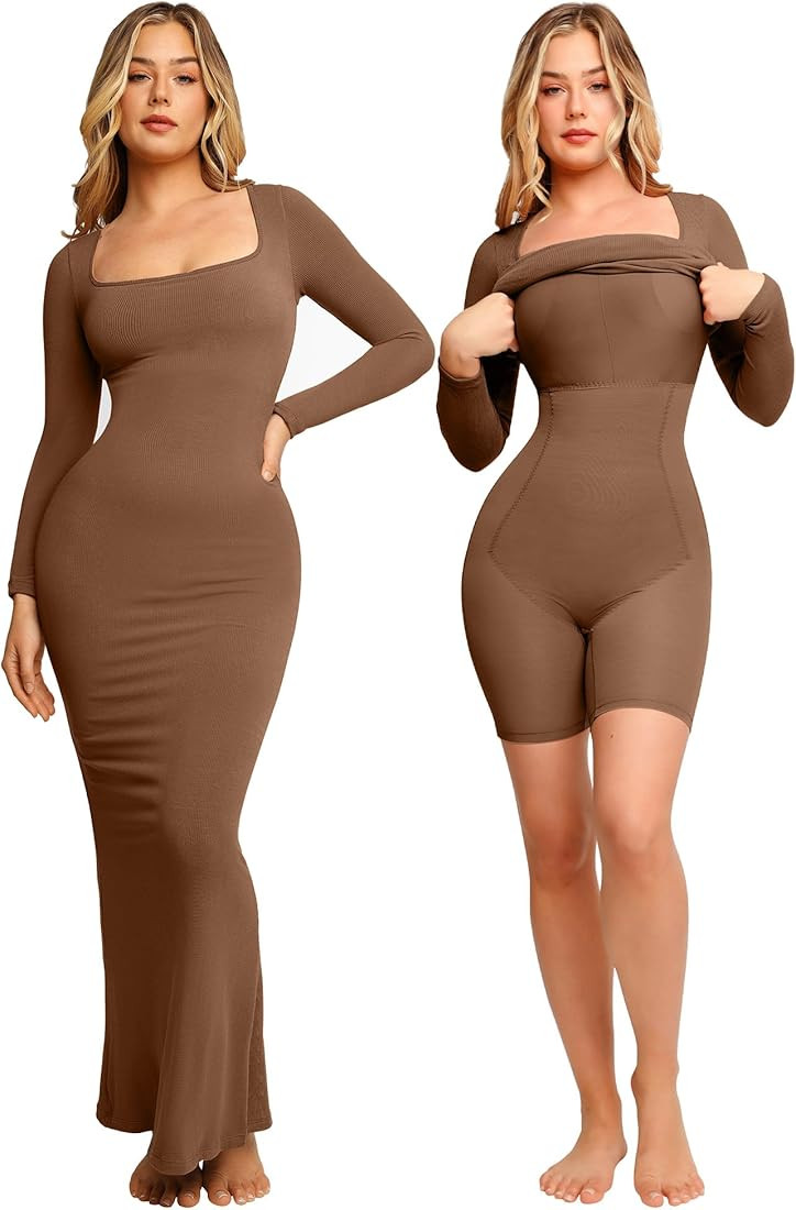 Popilush Shaper Dress Bodycon Maxi/Mini Built in Shapewear Bra 8 in 1 Women Lounge Long Sleeve Dr... | Amazon (US)