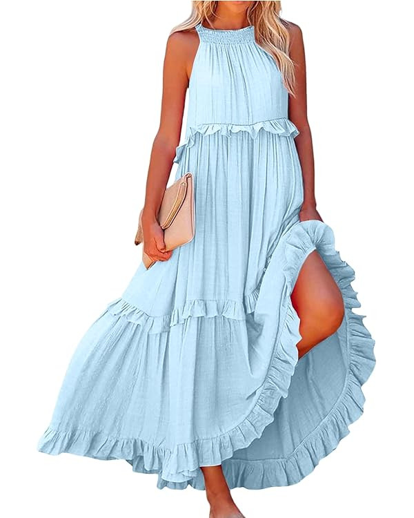 Womens Halter Maxi Dress Sleeveless Sexy Tiered Flowy Summer Loose Smocked Ruffle Swing Beach Dre... | Amazon (US)