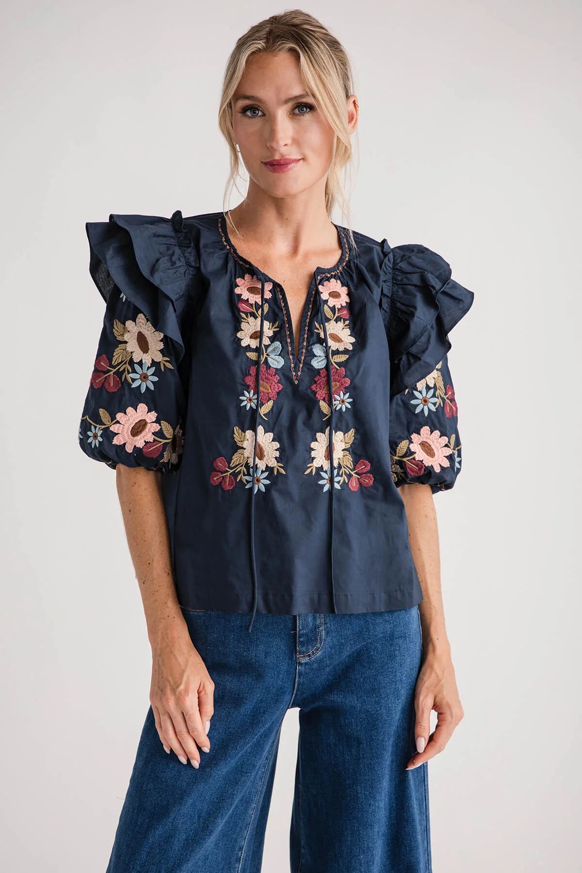 Mable Embroidered Ruffle Shoulder Puff Sleeve Blouse | Social Threads