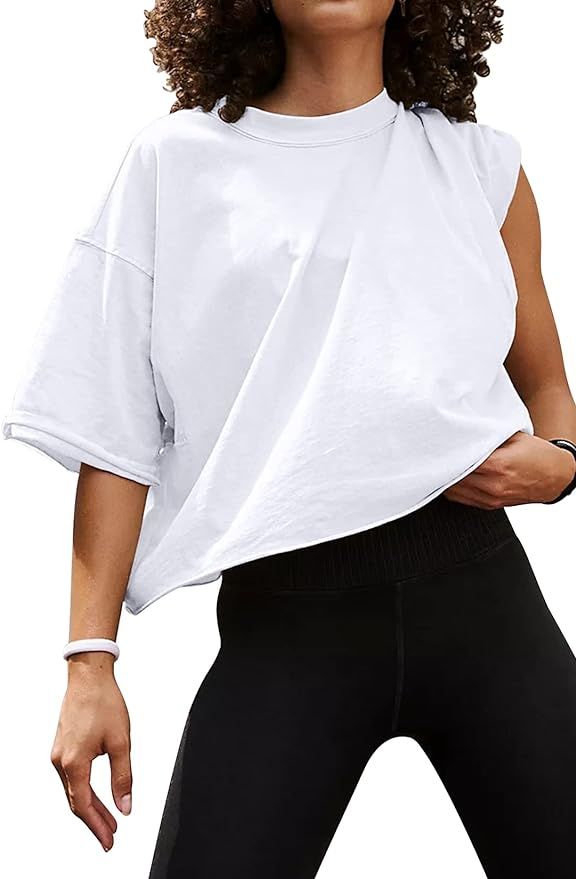 Women's Oversize Workout Crop Tops Casual Short Sleeve Drop Shoulder Boxy T-Shirts Roll Hem Basic... | Amazon (US)