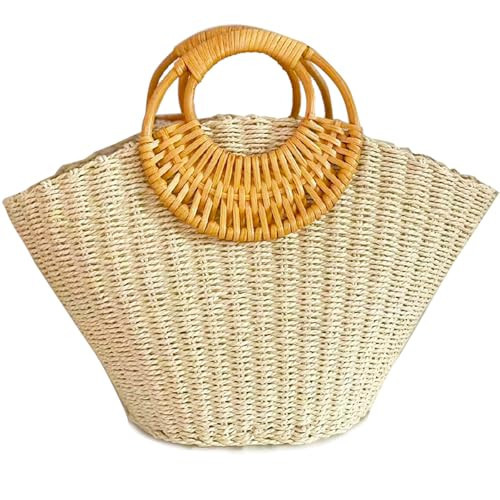 QZUnique Hand-woven Straw Bag Women Summer Beach Handbag Purse Retro Rattan Tote Clutch Travel Bag with Wood Round Top Handle | Amazon (US)