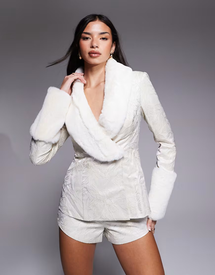 ASOS LUXE jacquard blazer with faux fur trim in cream - part of a set-White | ASOS (Global)