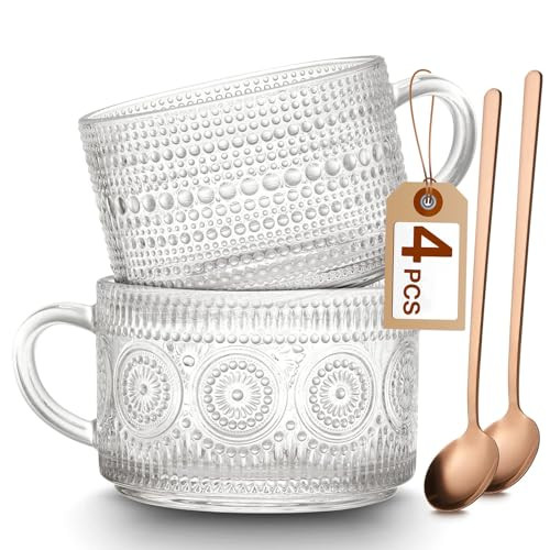 Mfacoy Vintage Coffee Mugs Set of 2, 14 oz Embossed Glass Cups with Handle, Clear Cups for Cappuccino, Latte, Cereal, Yogurt, Milk, Hot or Cold Beverages | Amazon (US)