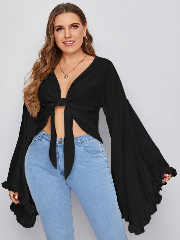 Plus Ruffle Bell Sleeve Tie Front Top | SHEIN