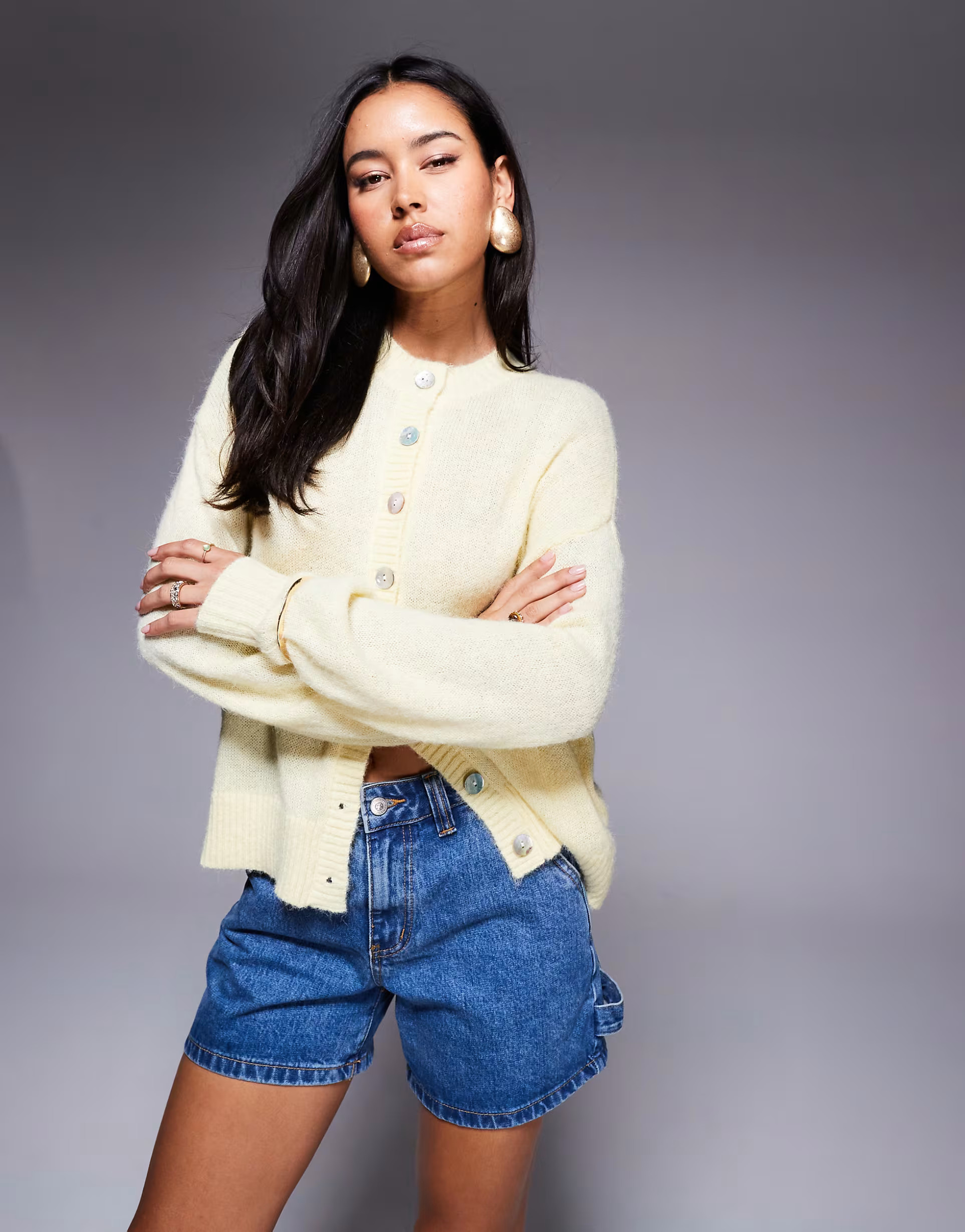 Princess Polly Sunbeam fluffy knit pearly button through cardigan in yellow | ASOS | ASOS (Global)