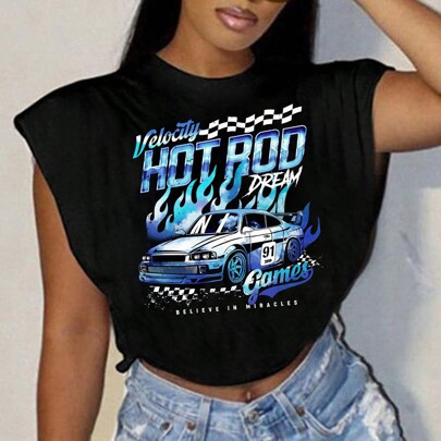 Casual Minimalist Stylish Car Print Graphic Crew Neck Short Sleeve Cropped Loose T-Shirt For Women, Suitable For Summer | SHEIN