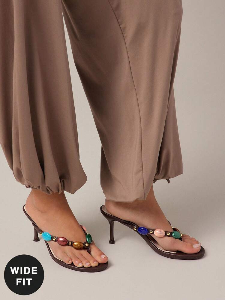 Hauture Women Gemstone Decor Stiletto Everyday Vintage Sexy Beach Elegant PU Brown High Heeled Sandals For Christmas | SHEIN