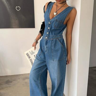 Women's Denim Bib Pants And Jumpsuit, Casual Fitted Sleeveless Blue,Old Money,Summer/Summer Outfits For Women,Festival/Concert Outfit Women/Rave Outfi | SHEIN