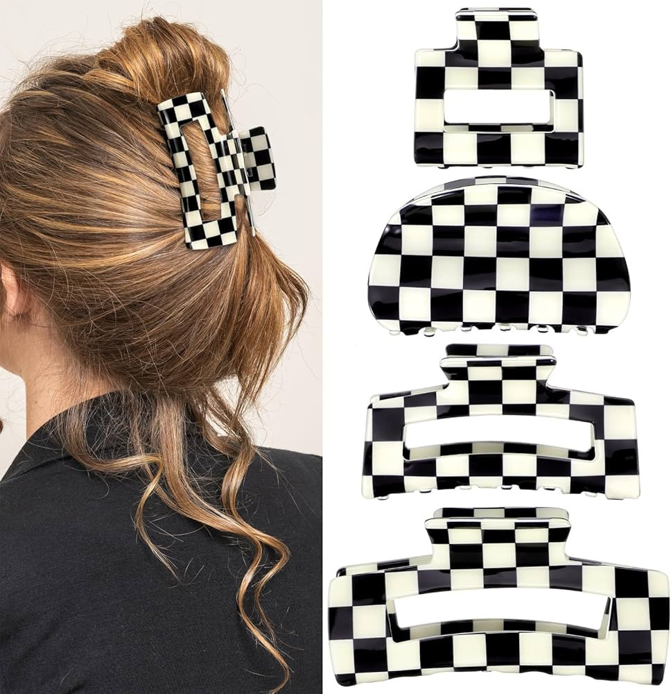 4Pcs Checkered Hair Claw Clips, Non-Slip Hair Jaw Clips for Thick, Thin, Curly, Straight, Long Ha... | Amazon (US)