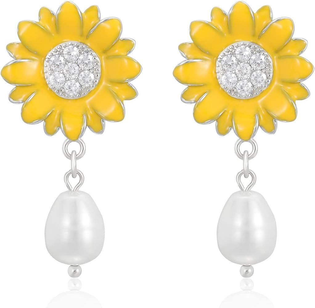 ACECHA Sunflower Dangle Earrings for Women Girls with Pearl Drop Bohemian Sunflower Statement Ear... | Amazon (US)