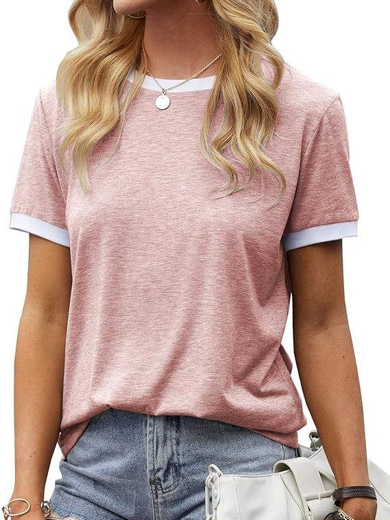 Womens T Shirt Short Sleeve Crew Neck Basic Color Block Tee Tops | Amazon (US)