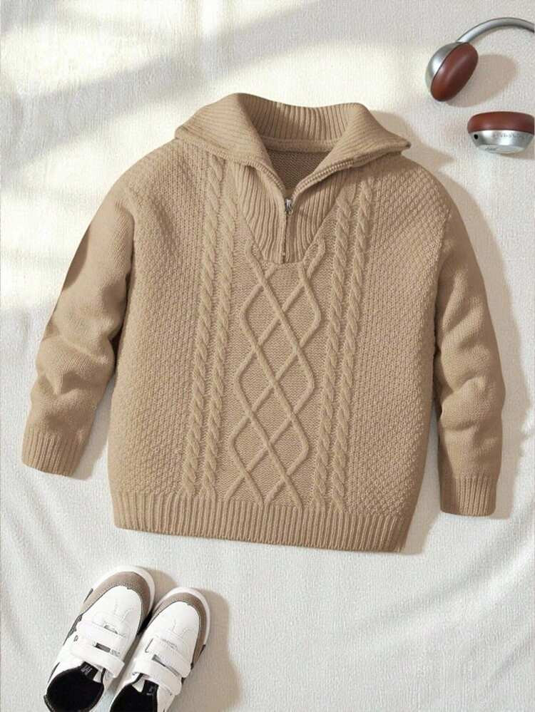 PrepCrw Young Boys Cable Knit Quarter Zip Sweater Kids Winter Sweaterboys Winter Sweater Fall | SHEIN