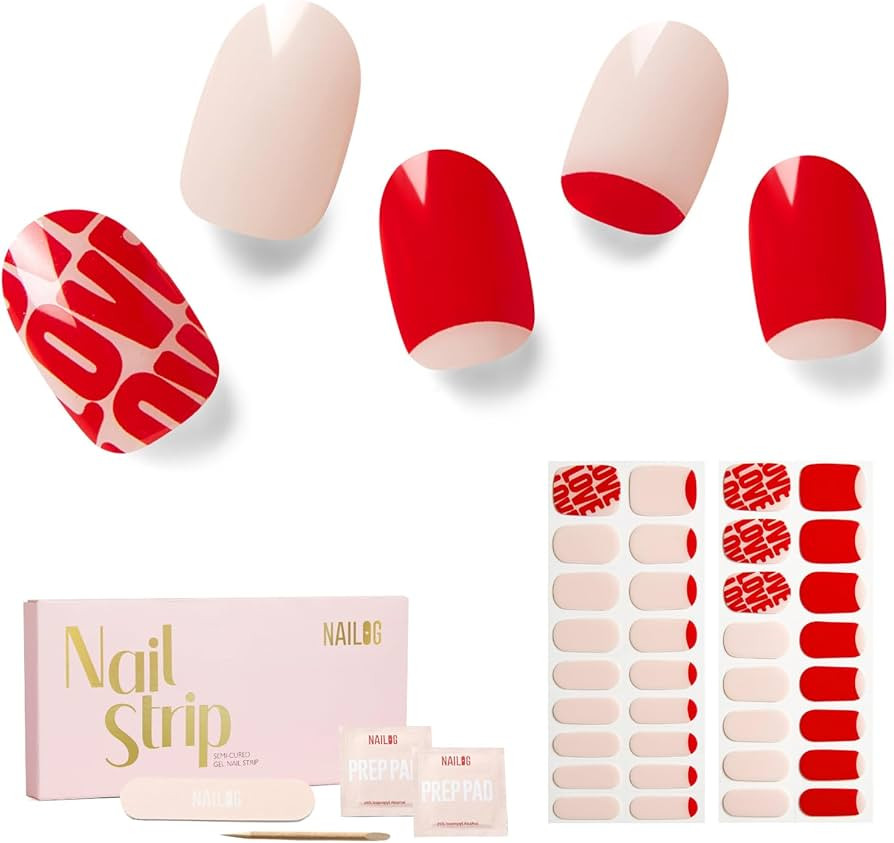 NAILOG Semi Cured Gel Nail Strips for Valentine's Day - 34 pcs | Buy 2 Get 1 UV Lamp | Long Lasti... | Amazon (US)