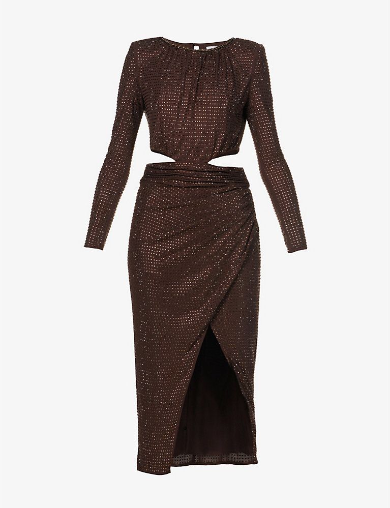 SELF PORTRAIT Hot-fix rhinestone-embellished cut-out stretch-crepe midi dress | Selfridges