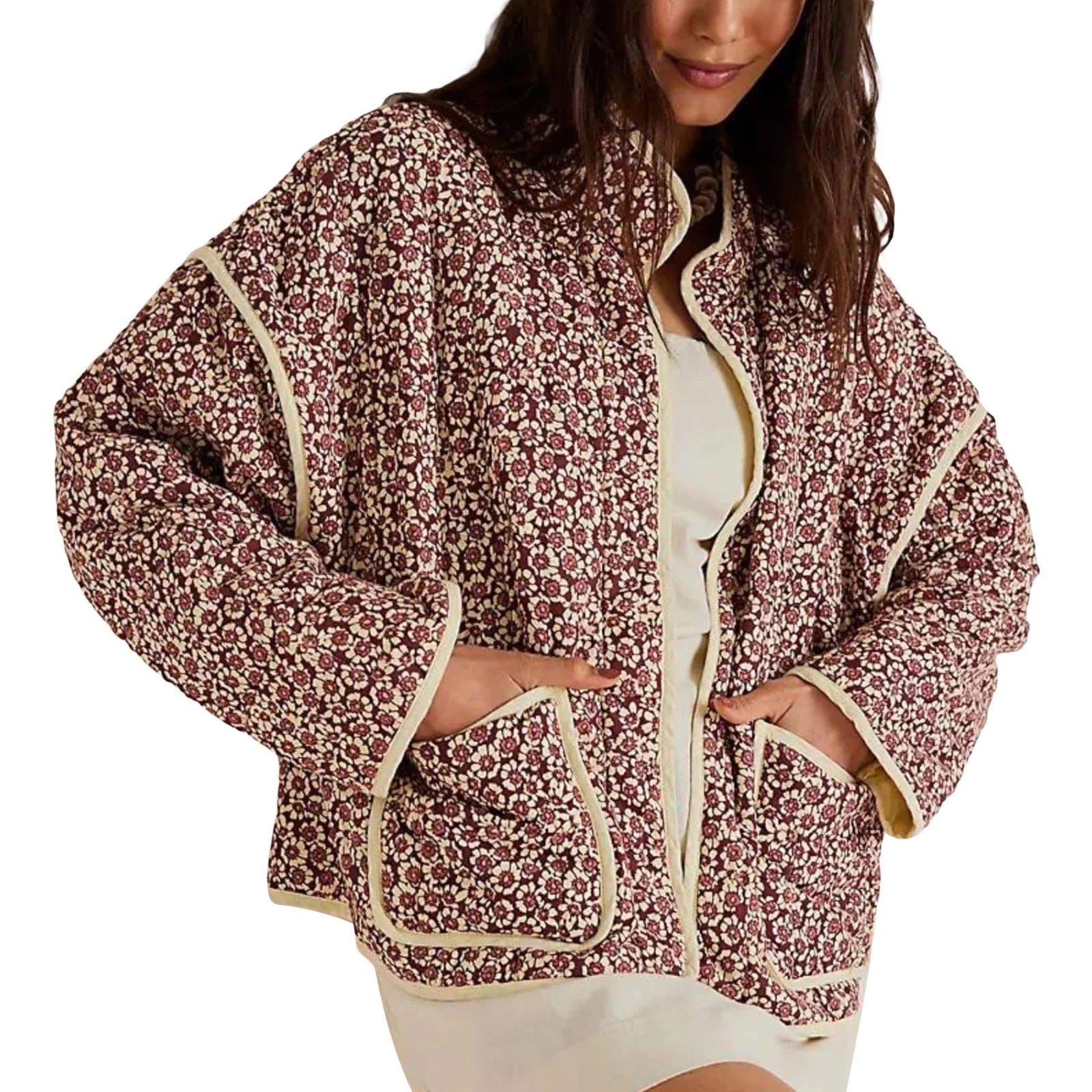 Women Floral Cropped Quilted Jacket Cardigan Lightweight Boho Print Patchwork Padded Puffer Coat ... | Walmart (US)