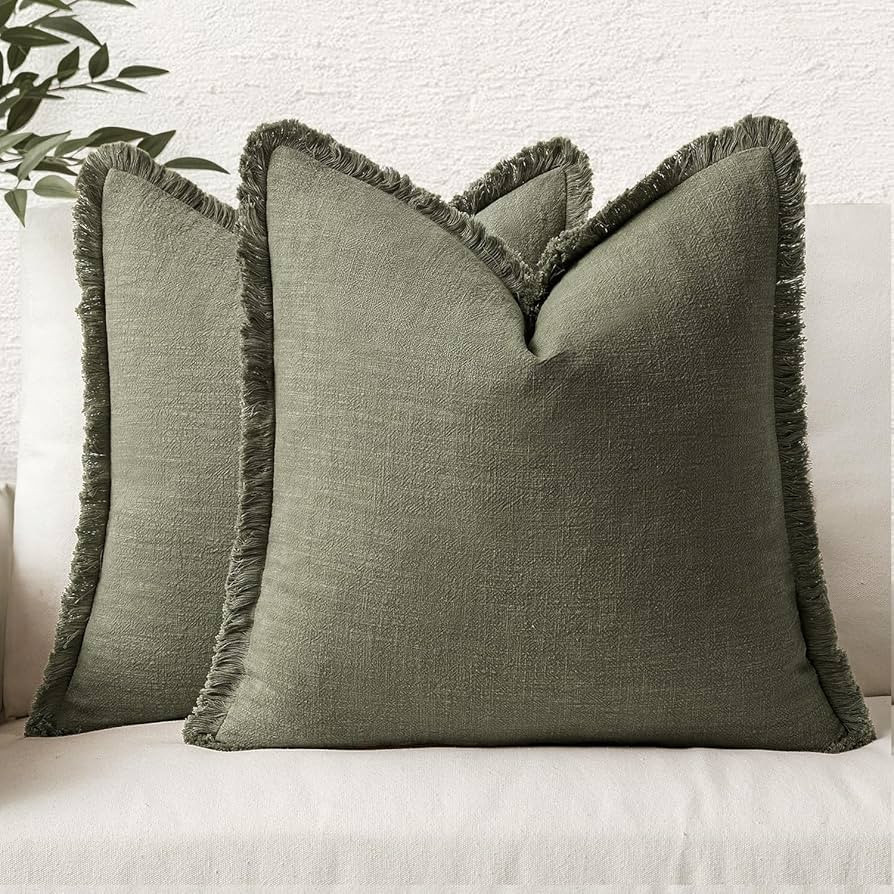 MIULEE Boho Farmhouse Pillow Covers Decorative Neutral Linen Throw Pillow Covers Set of 2 Olive G... | Amazon (US)