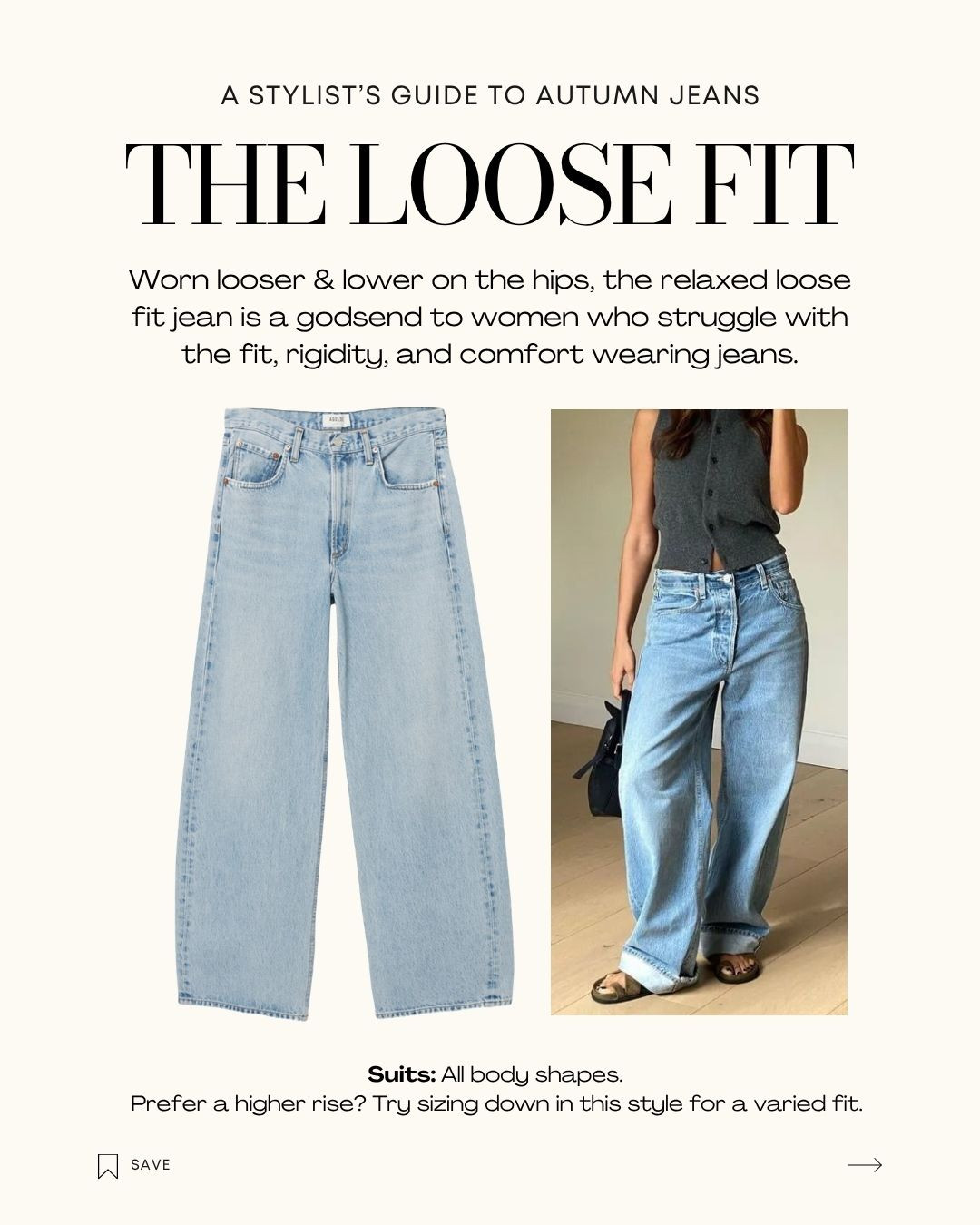 THE LOOSE FIT

Worn looser & lower on the hips, the relaxed loose fit jean is a godsend to women who struggle with the fit, rigidity, and comfort wearing jeans.

Suits: All body shapes. 
Prefer a higher rise? Try sizing down in this style for a varied fit. 

 #LTKaustralia #LTKjeans #LTKautumn