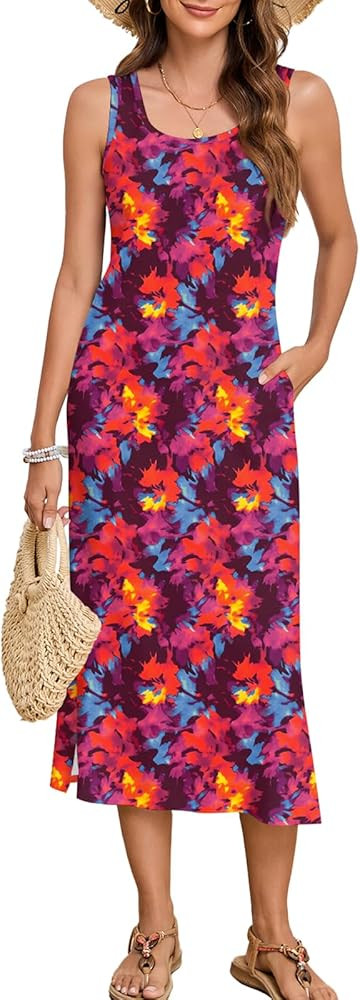 Naggoo Women's Sleevelee Tank Dress Midi Summer Casual Scoop Neck Basic Split Maxi Tshirt Sundres... | Amazon (US)