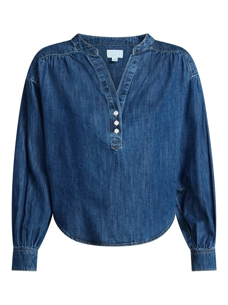 Time and Tru Women's Popover Denim Top with Long Sleeves, Sizes XS-XXXL | Walmart (US)